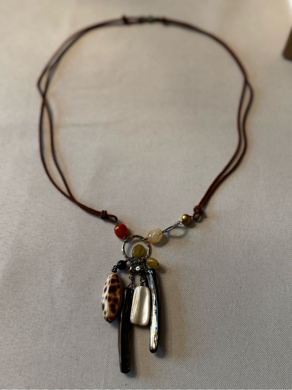 Silpada Brown Leather Cord Necklace with Ivory Shell and Multicolor Beads SS